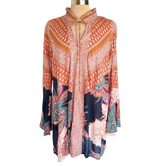 Umgee Rust Blue Floral Print Boho Dress Sz SMALL Bell Cuff Flowy Bohemian Fall - Picture 2 of 9